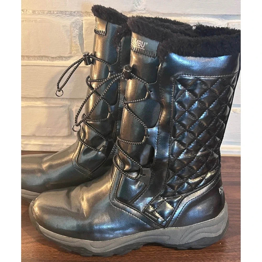 Khombu Dacy II Kids Black Waterproof Quilted Faux Fur Winter Boots Size 4M Snow‎